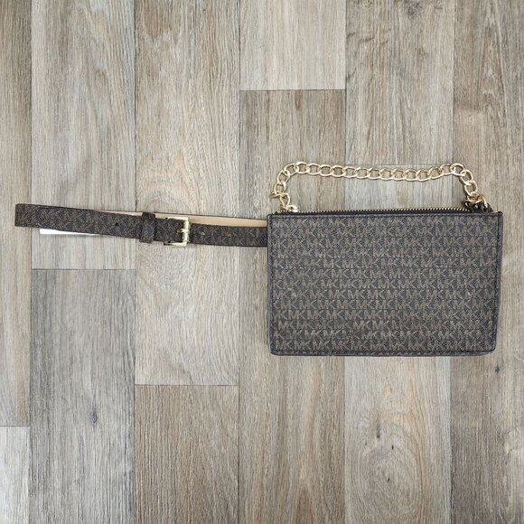 Michael Kors Women's Size Medium Waist Belt Bag Brown Logo Print Zip‎ Pull Chain - Picture 1 of 9